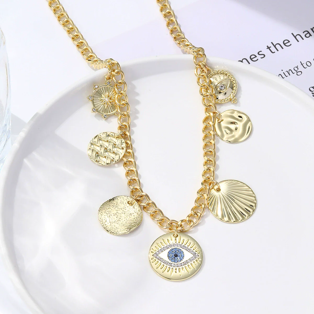 Wholesale Jewelry Retro Style Alloy Geometric Ancient Coin Multipendant Devil's Eye Necklace With Electroplating - Image 2