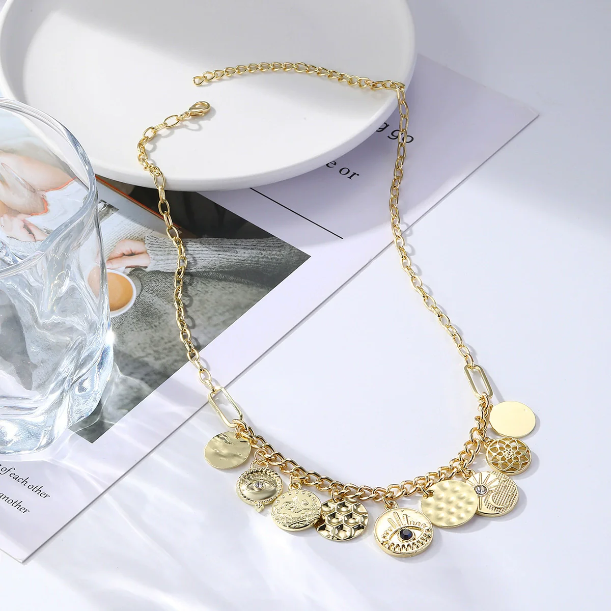 Wholesale Jewelry Retro Style Alloy Geometric Ancient Coin Multipendant Devil's Eye Necklace With Electroplating - Image 3