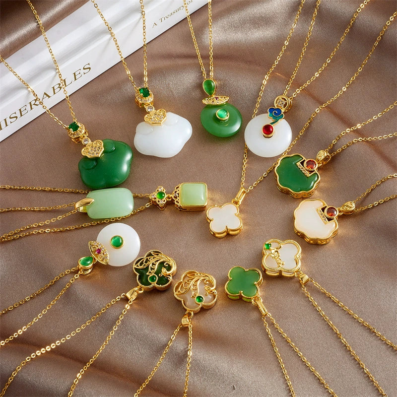 Wholesale Jewelry Retro Style Copper Electroplated Ochain Mixed Gem Inlay Safety Lock Clover Pendant Clavicle Chain For Women