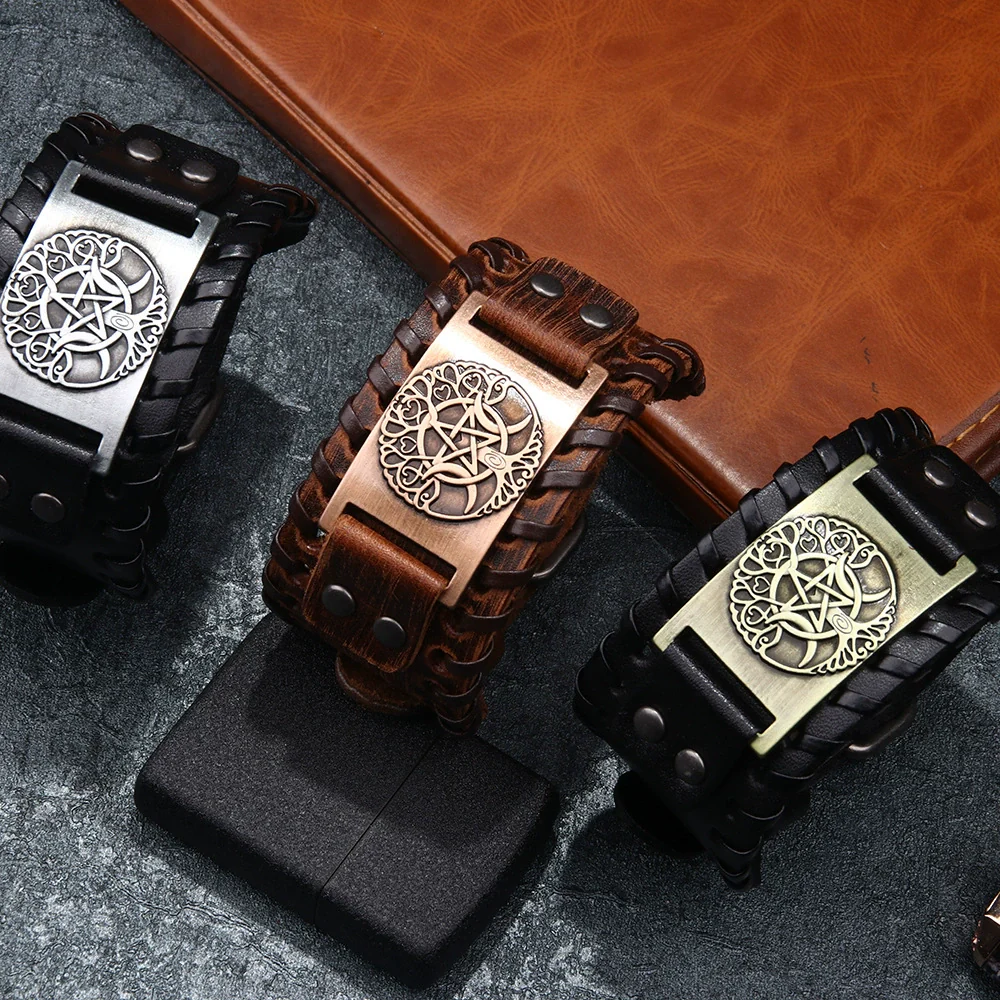 Wholesale Jewelry Retro Style Fivepointed Star Alloy And Cowhide Bracelet For Men Electroplated - Image 4