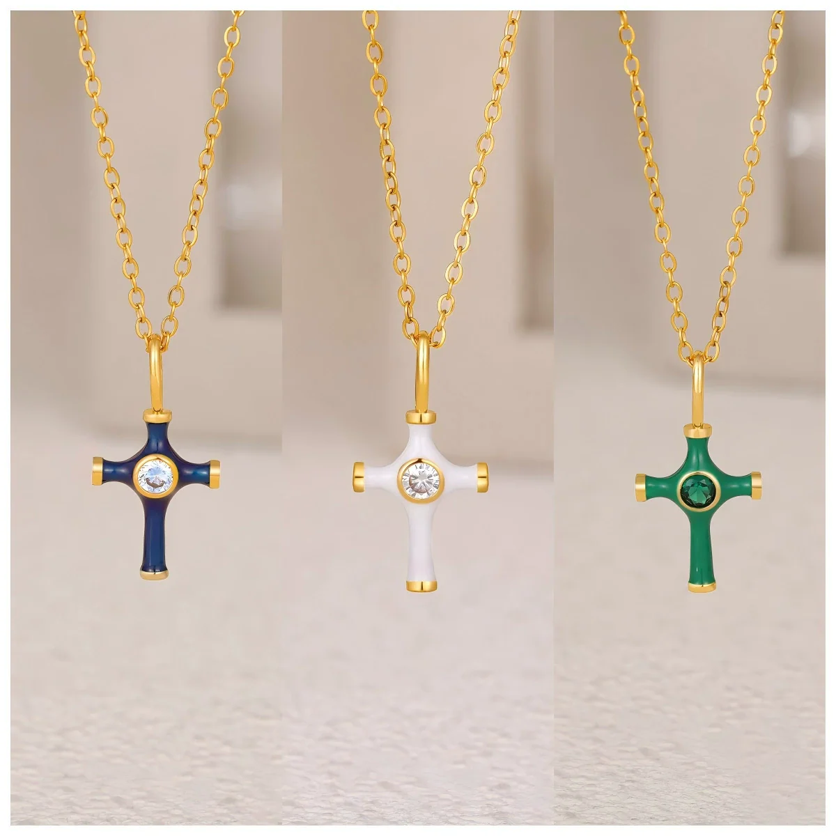 Wholesale Jewelry Retro Style Geometric Ushaped Stainless Steel And Copper Dripping Oil Inlaid Zircon Cross Necklace - Image 3