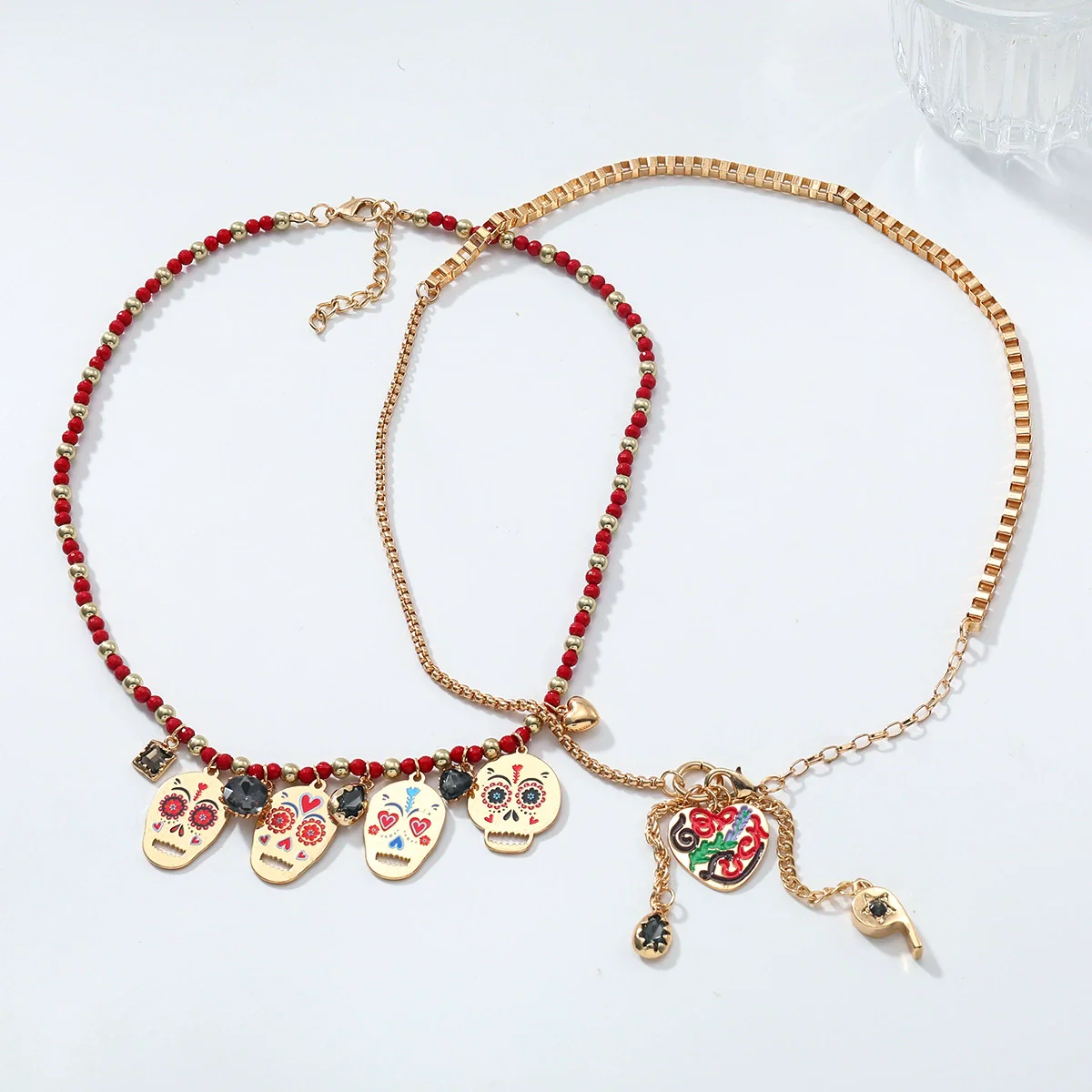 Wholesale Jewelry Retro Style Metal Skull Heart Whistle Twopiece Necklace Zinc Alloy Set With Diamonds Geometric Animal Zodiac Pattern - Image 4