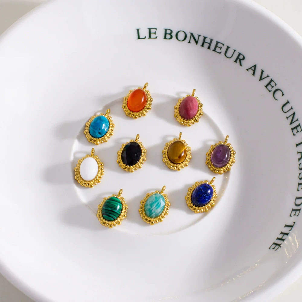 Wholesale Jewelry Retro Style Oval Natural Stone Inlaid Stainless Steel Electroplated Earrings Pendant - Image 4