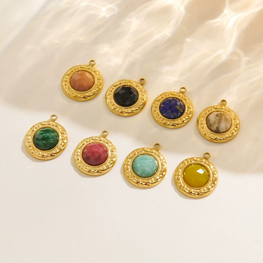 Wholesale Jewelry Retro Style Round Stainless Steel Natural Stone Inlay Pendant - Image 4