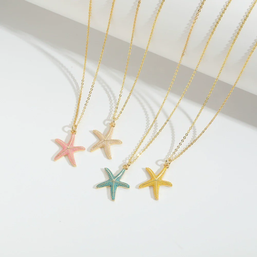 Wholesale Jewelry Retro Style Starfish Pendant Necklace Copper Electroplating Mixed Gemstone Setting O Chain For Women - Image 4
