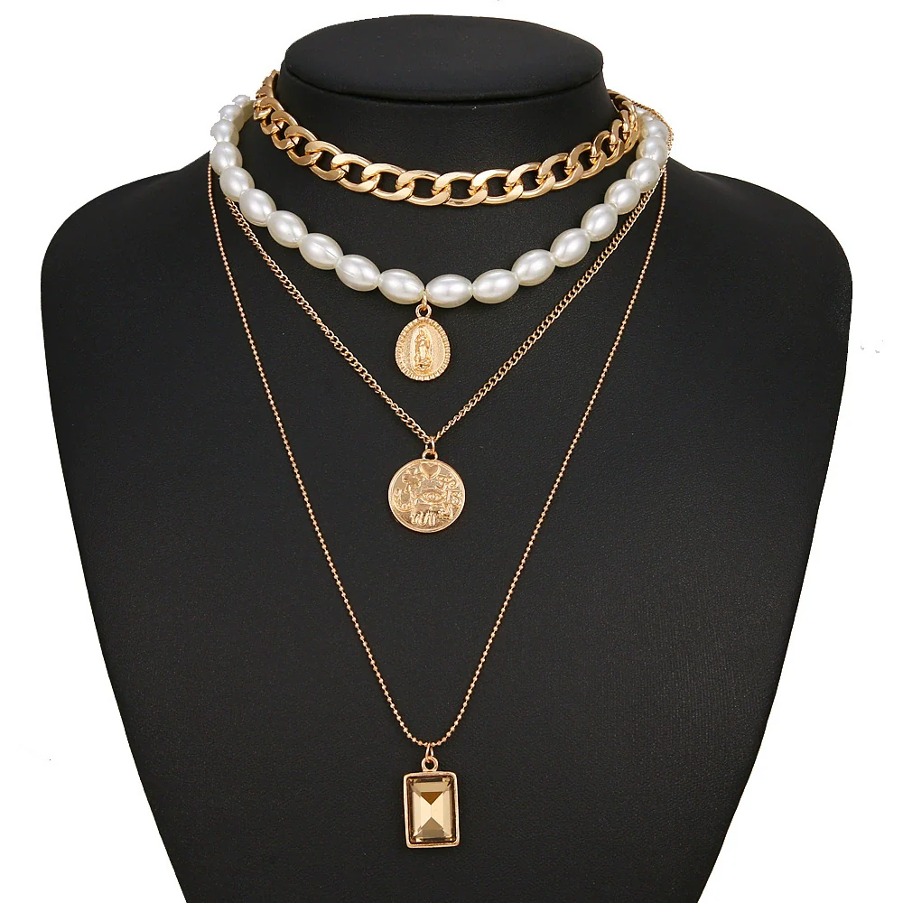 Wholesale Jewelry Retro Vintage Style Geometric Alloy Ochain Multilayer Pearl Necklace For Women