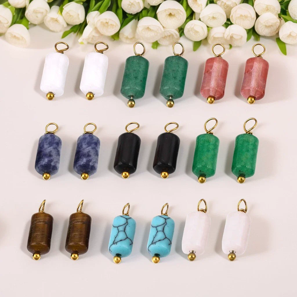 Wholesale Jewelry Retro Waterproof Stainless Steel With Natural Stone Cylindrical Pendant Electroplated Handmade Earrings Necklace Accessories
