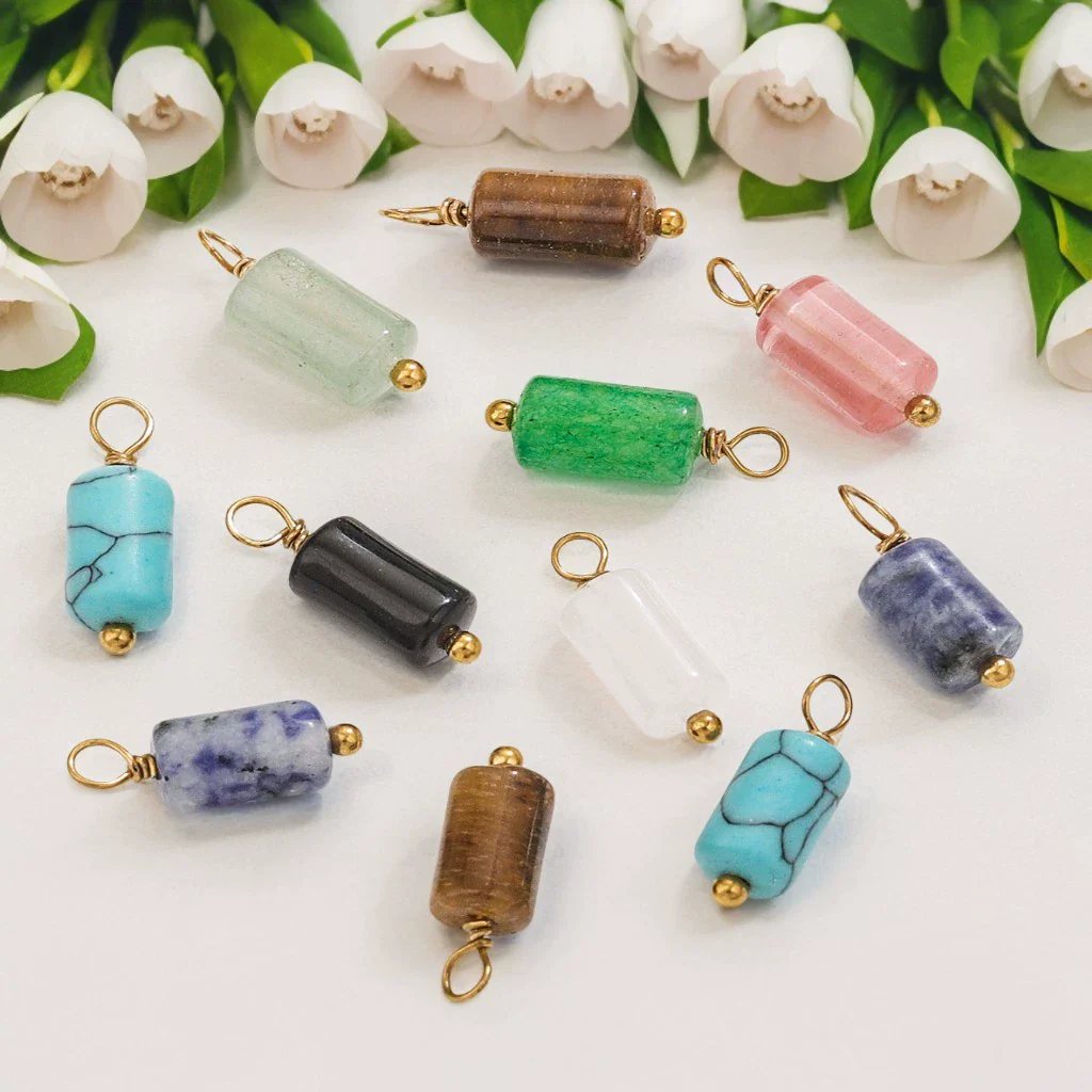 Wholesale Jewelry Retro Waterproof Stainless Steel With Natural Stone Cylindrical Pendant Electroplated Handmade Earrings Necklace Accessories - Image 2