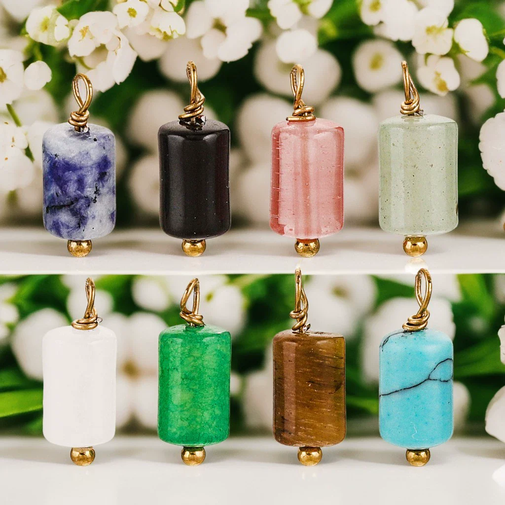 Wholesale Jewelry Retro Waterproof Stainless Steel With Natural Stone Cylindrical Pendant Electroplated Handmade Earrings Necklace Accessories - Image 4