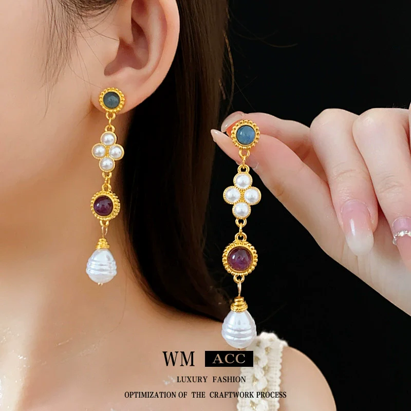 Wholesale Jewelry Set Silver Needle Geometric Imitation Pearl Heart Water Drop Bell Tassel Earrings Necklace Alloy Pendant Electroplated Highend Women's - Image 2