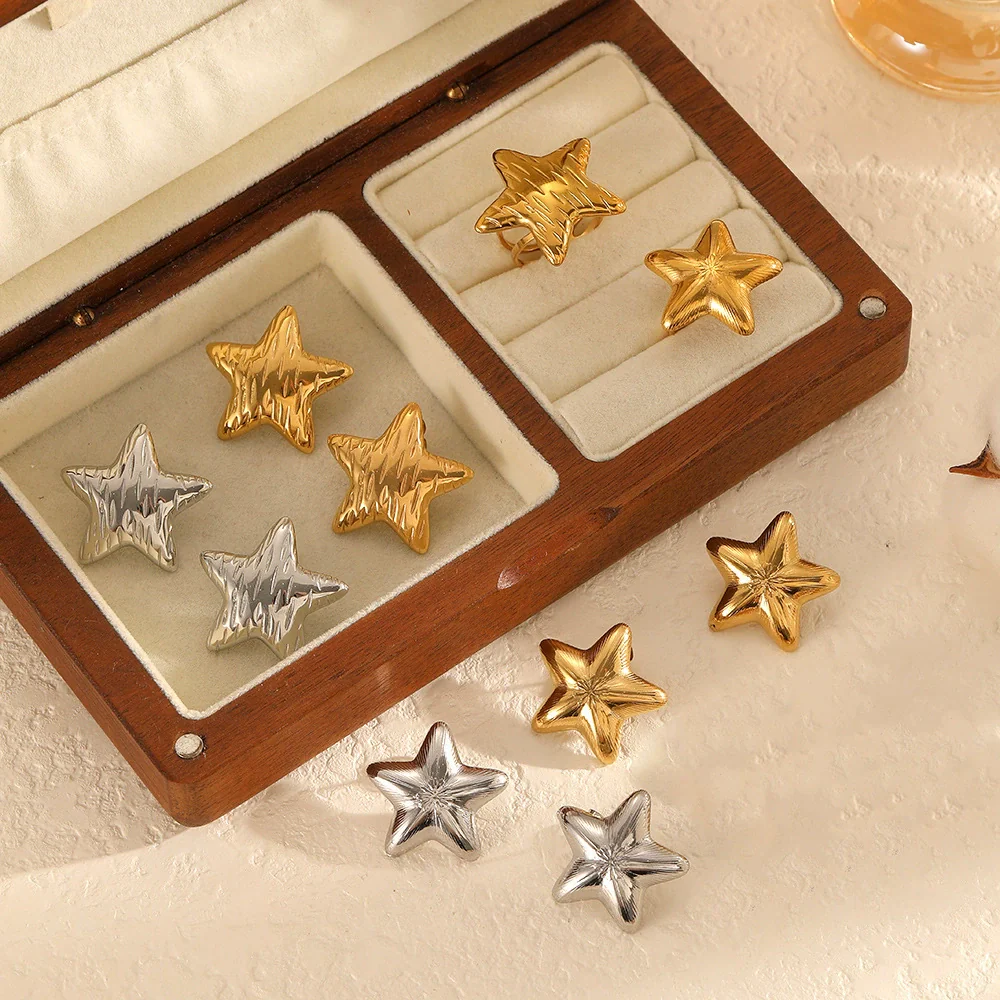 Wholesale Jewelry Set Stainless Steel Electroplated Fivepointed Star Earrings And Ring For Women
