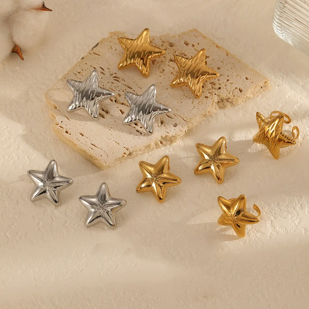 Wholesale Jewelry Set Stainless Steel Electroplated Fivepointed Star Earrings And Ring For Women - Image 2