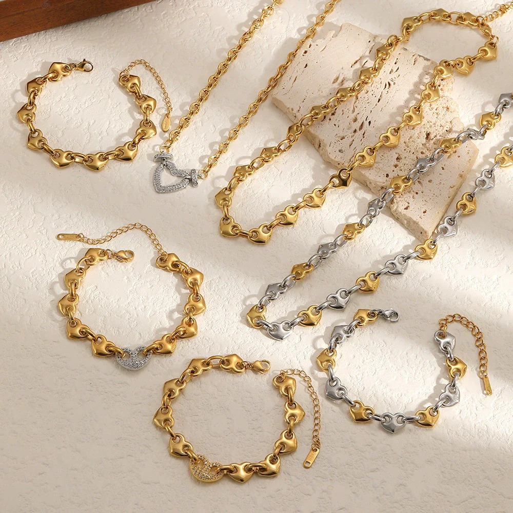 Wholesale Jewelry Set Stainless Steel Geometric Multi Ring Pig Nose Buckle Chain Necklace Bracelet For Women With Pvd Furnace Vacuum Real Gold Plating