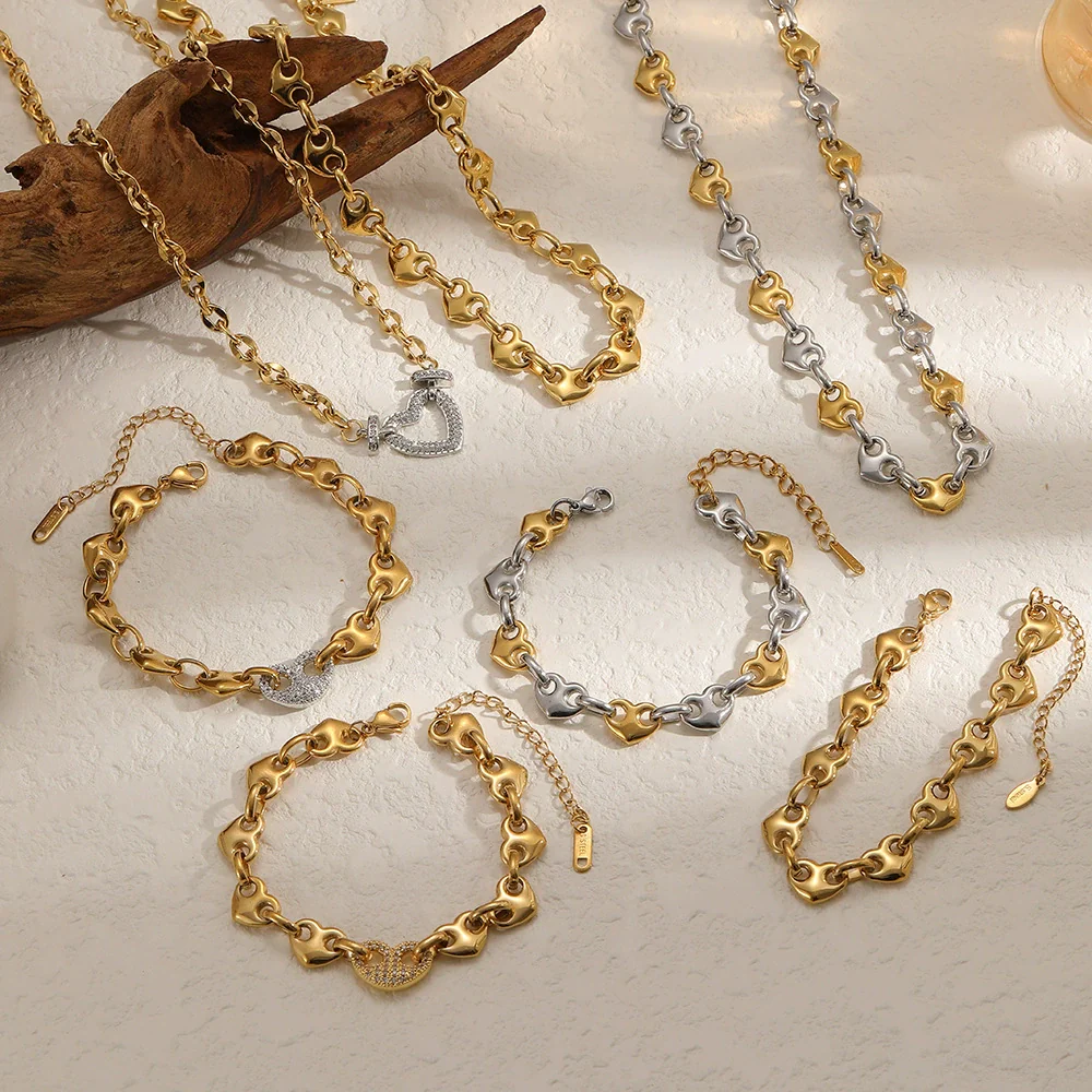 Wholesale Jewelry Set Stainless Steel Geometric Multi Ring Pig Nose Buckle Chain Necklace Bracelet For Women With Pvd Furnace Vacuum Real Gold Plating - Image 2