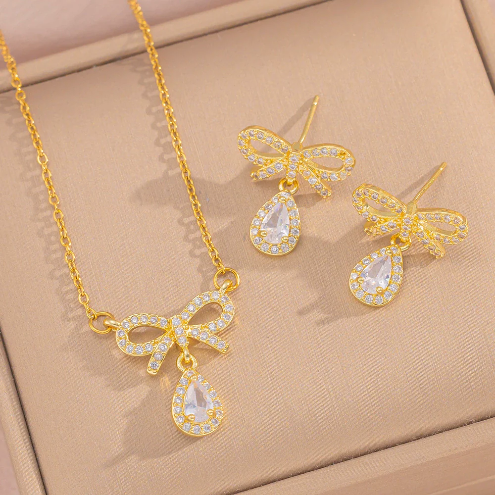 Wholesale Jewelry Set Titanium Steel Love Bow Design With Diamonds For Women