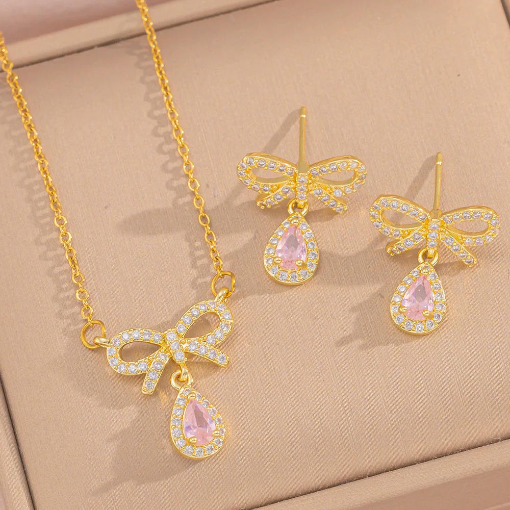 Wholesale Jewelry Set Titanium Steel Love Bow Design With Diamonds For Women - Image 11