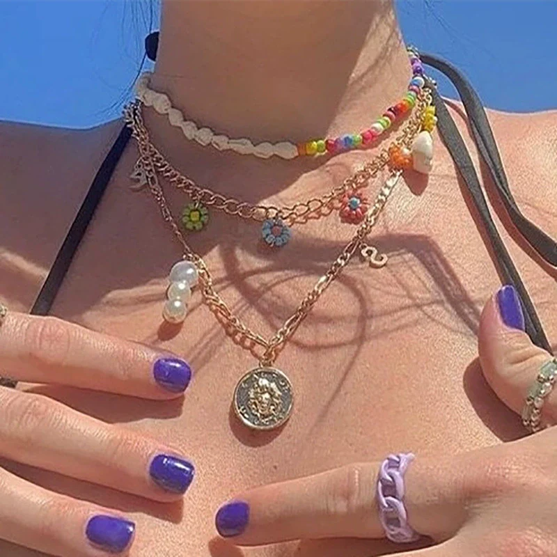 Wholesale Jewelry Shell Rice Beads Alloy Geometric Cross Chain Necklace For Women Electroplated