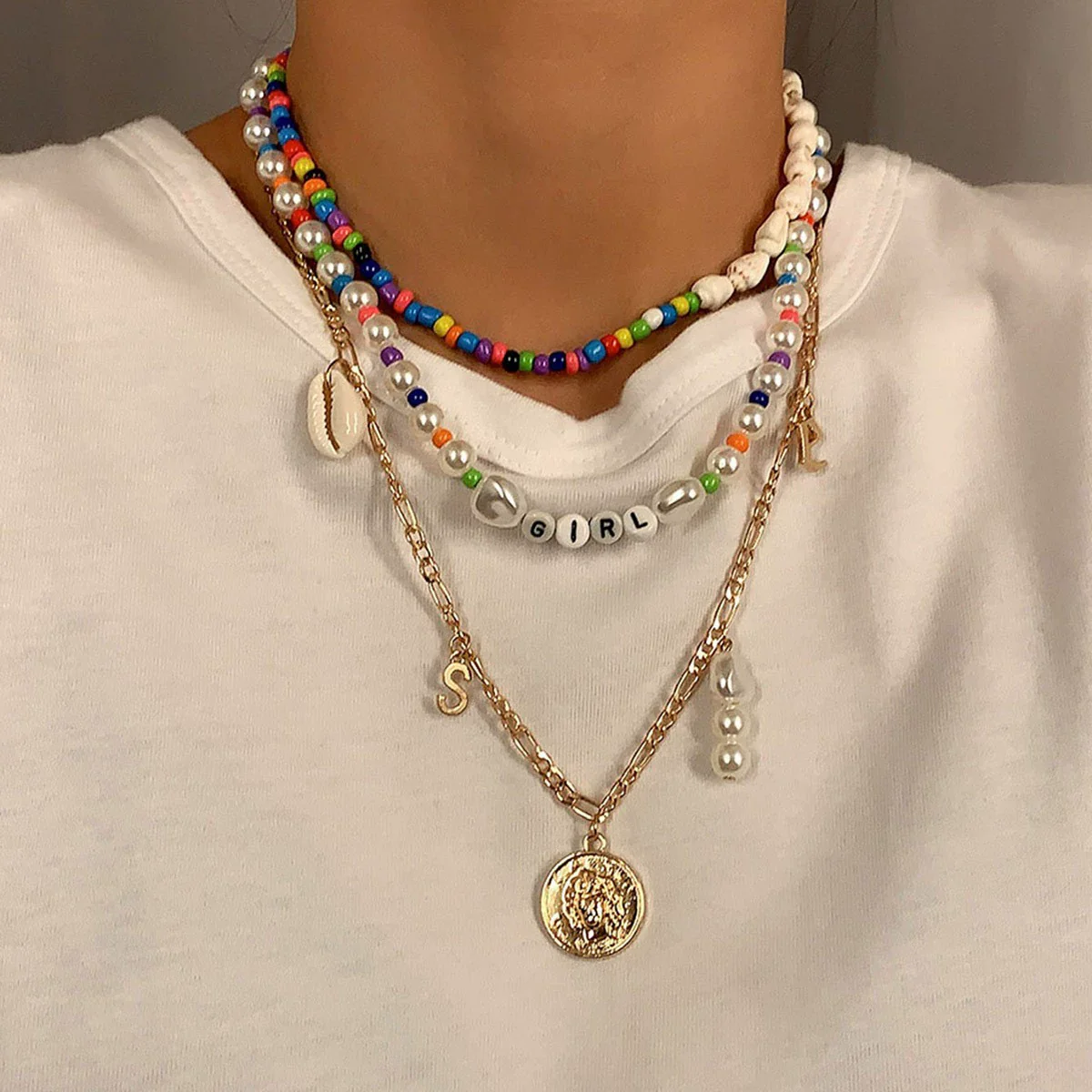 Wholesale Jewelry Shell Rice Beads Alloy Geometric Cross Chain Necklace For Women Electroplated - Image 3