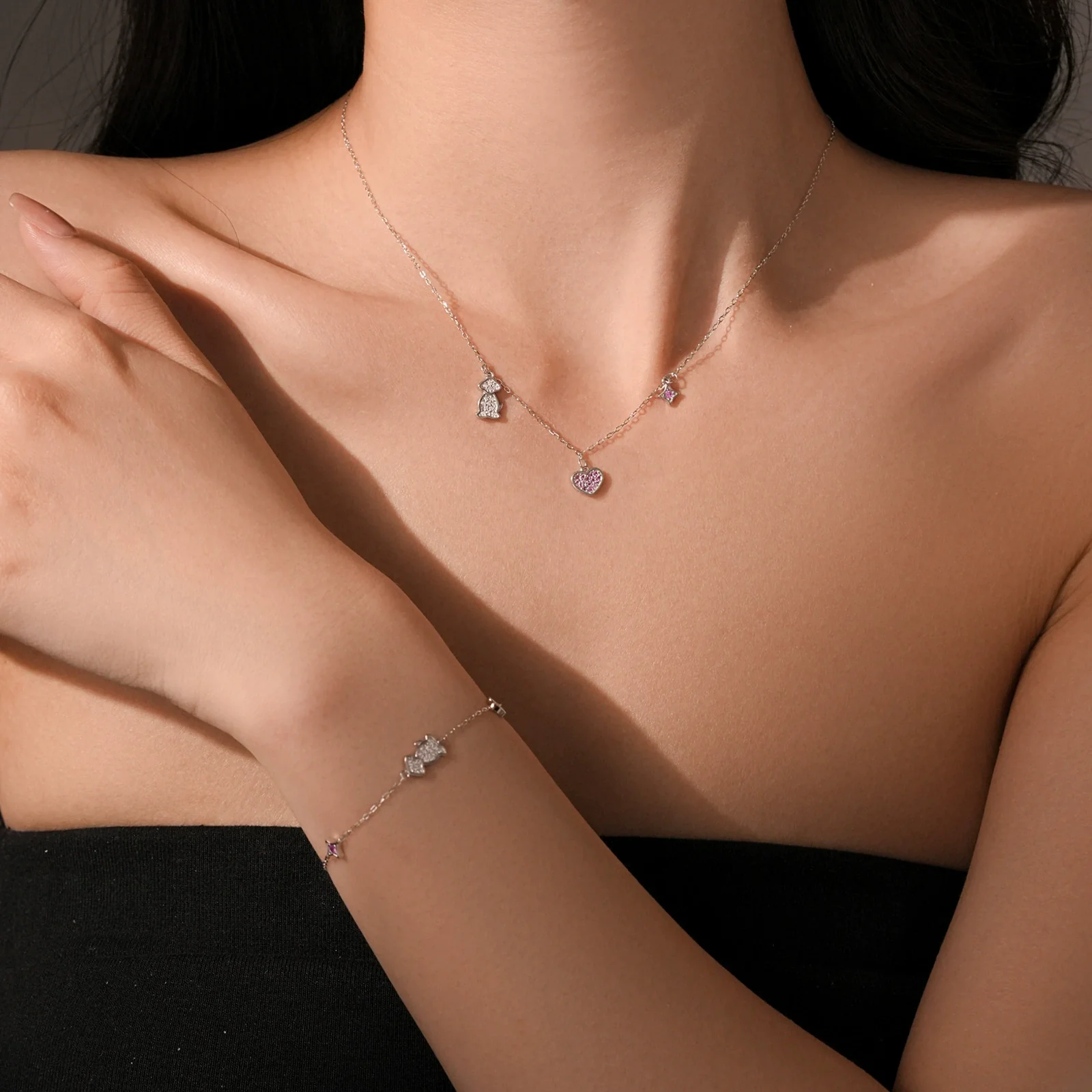 Wholesale Jewelry Silver 925 Heart Puppy Geometric Style Bracelet Set With Diamonds Platinum 18K Gold Electroplated For Women - Image 2