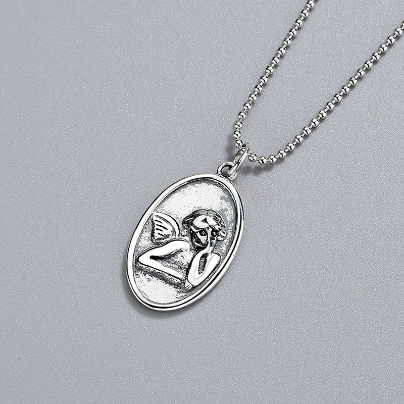 Wholesale Jewelry Silver 925 Sterling Geometric Ball Chain Hip Hop Guardian Angel Pendant Necklace