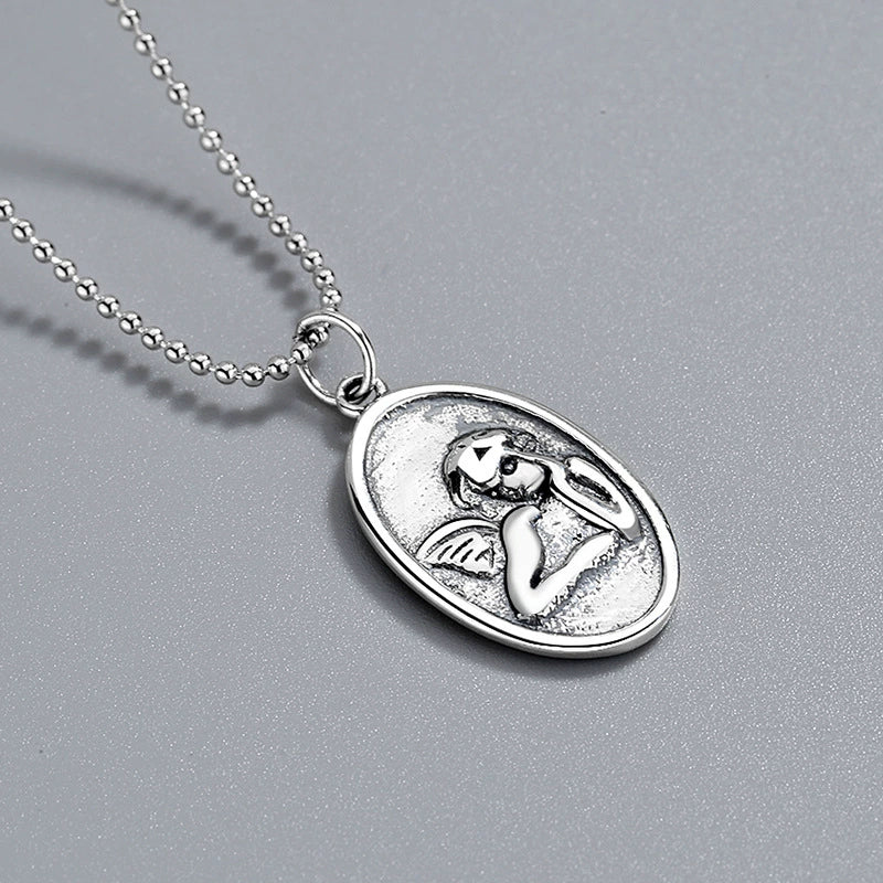 Wholesale Jewelry Silver 925 Sterling Geometric Ball Chain Hip Hop Guardian Angel Pendant Necklace - Image 2