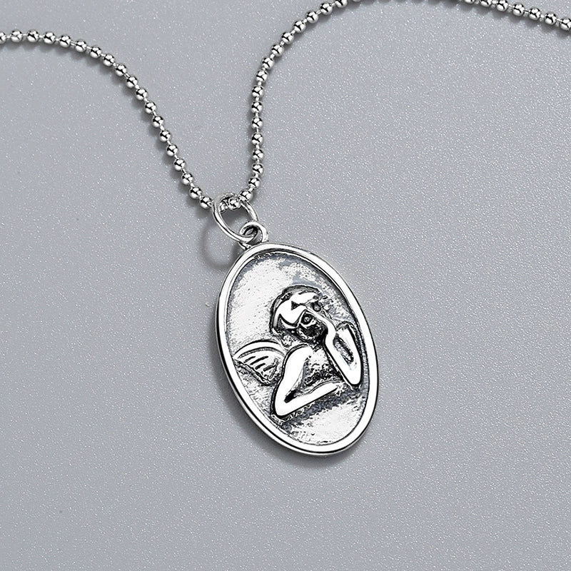 Wholesale Jewelry Silver 925 Sterling Geometric Ball Chain Hip Hop Guardian Angel Pendant Necklace - Image 3
