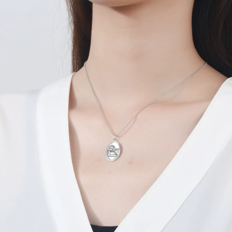 Wholesale Jewelry Silver 925 Sterling Geometric Ball Chain Hip Hop Guardian Angel Pendant Necklace - Image 4