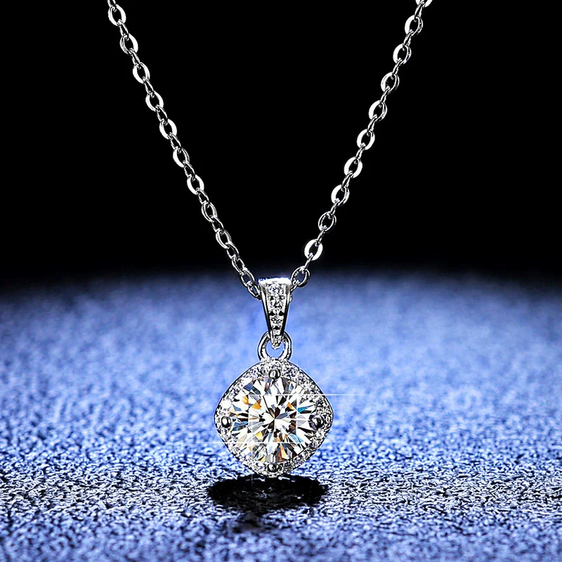 Wholesale Jewelry Silver 925 Sterling Pendant Moissanite Four Claw Square Bag Style Leaves Water Wave Chain Necklace For Women