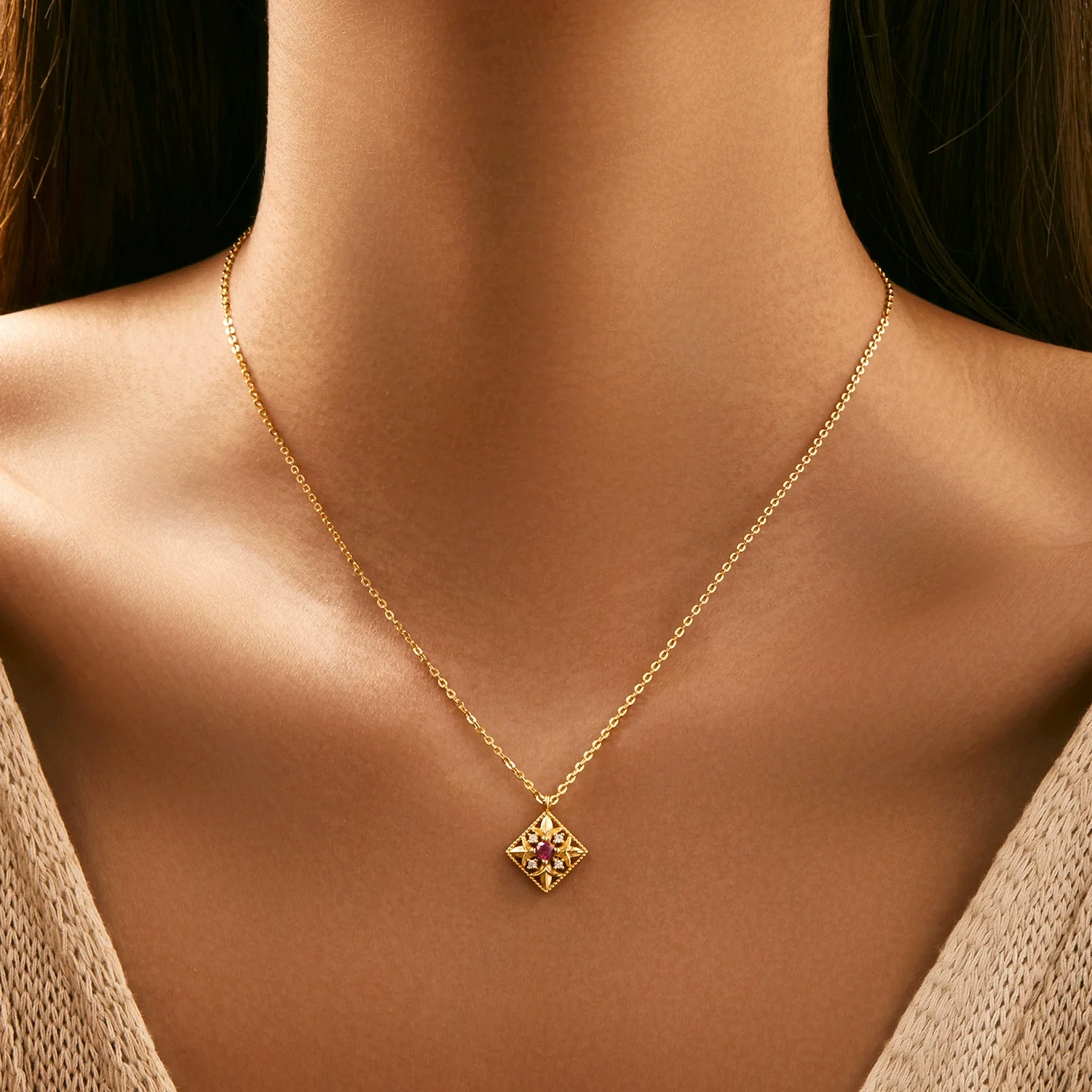 Wholesale Jewelry Silver 925 Sterling Retro Geometric Hollow Square Diamond Clavicle Necklace - Image 2