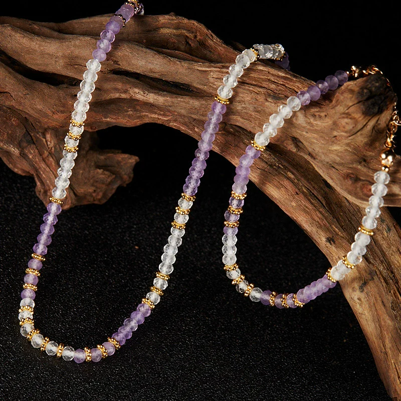 Wholesale Jewelry Silver Natural Amethyst White Crystal Geometric Handmade Pendant Necklace For Women