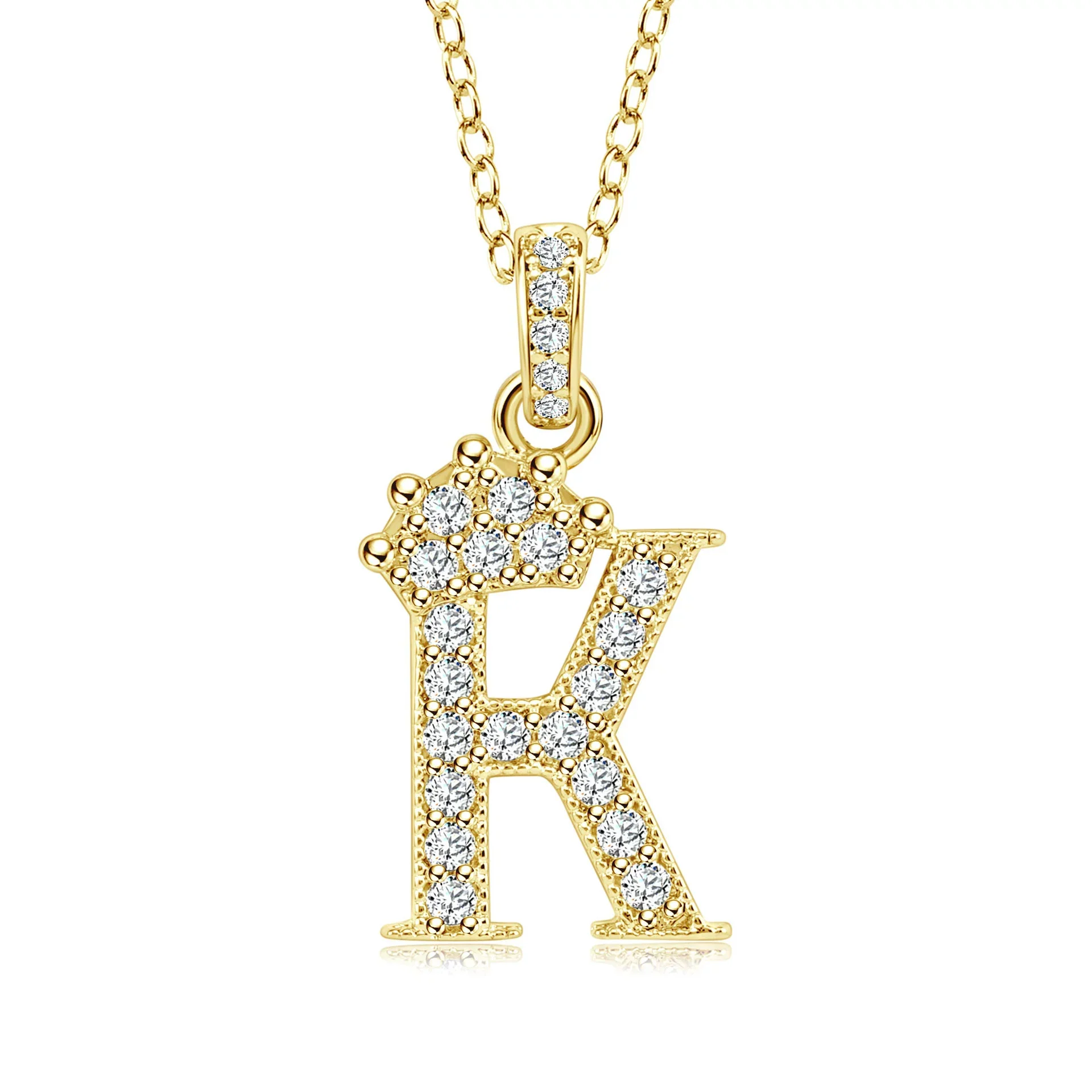 Wholesale Jewelry Simple Classic Crown Zircon English Letter Pendant Copper Goldplated Necklace For Women - Image 16