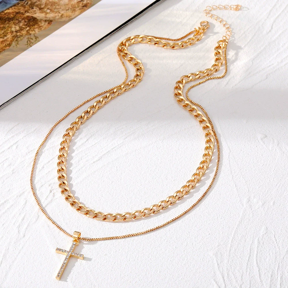 Wholesale Jewelry Simple Multilayer Cross Alloy Ochain Necklace For Women With Geometric Pattern And Diamond Design - Image 4