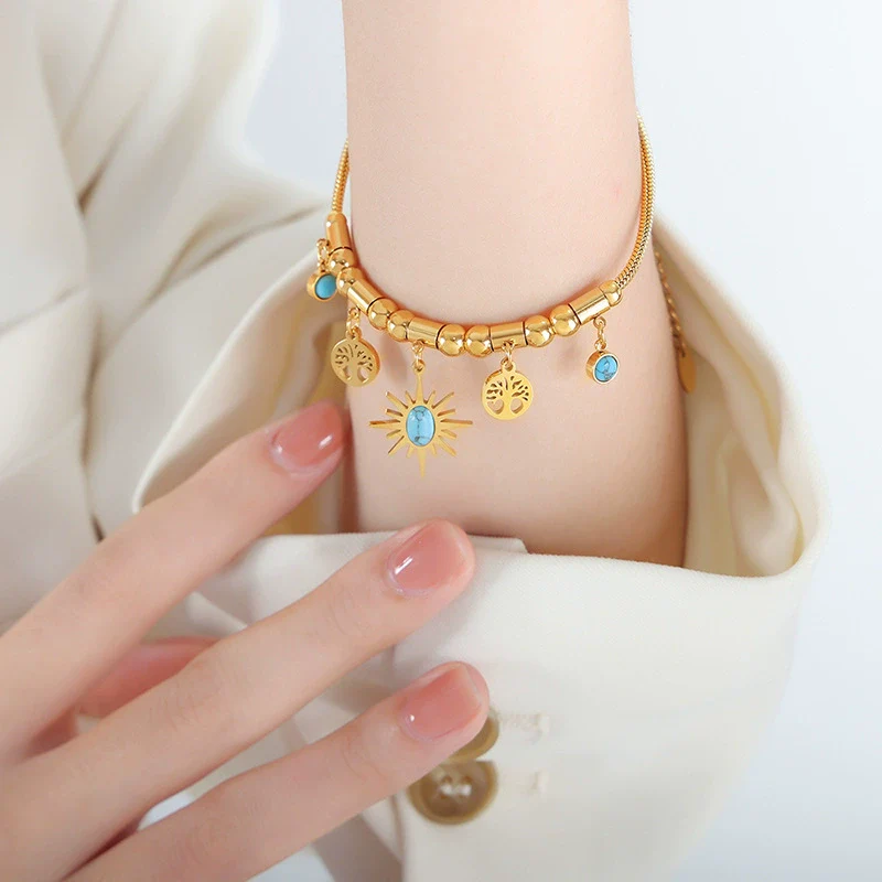 Wholesale Jewelry Small Sun Tree Pendant Beaded Bracelet Necklace Set With Turquoise Design Titanium Steel Electroplated