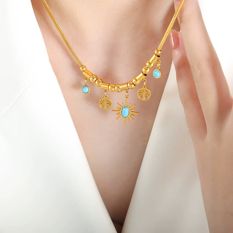 Wholesale Jewelry Small Sun Tree Pendant Beaded Bracelet Necklace Set With Turquoise Design Titanium Steel Electroplated - Image 4