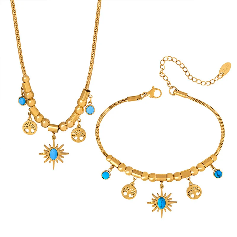 Wholesale Jewelry Small Sun Tree Pendant Beaded Bracelet Necklace Set With Turquoise Design Titanium Steel Electroplated - Image 5