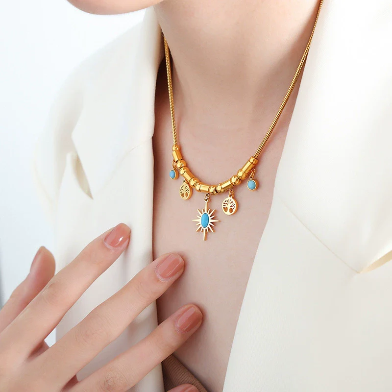 Wholesale Jewelry Small Sun Tree Pendant Beaded Bracelet Necklace Set With Turquoise Design Titanium Steel Electroplated - Image 7