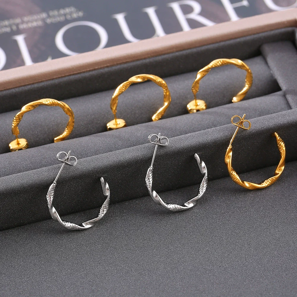 Wholesale Jewelry Stainless Steel 18K Gold Plated Geometric Cshaped Twisted Earrings For Women - Image 3