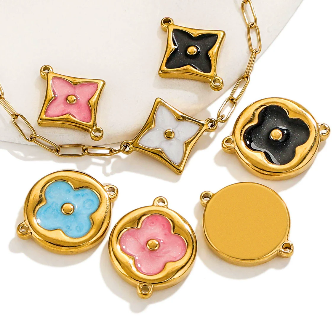Wholesale Jewelry Stainless Steel 18K Goldplated Fourleaf Clover Double Hanging Bracelet Necklace Electroplating
