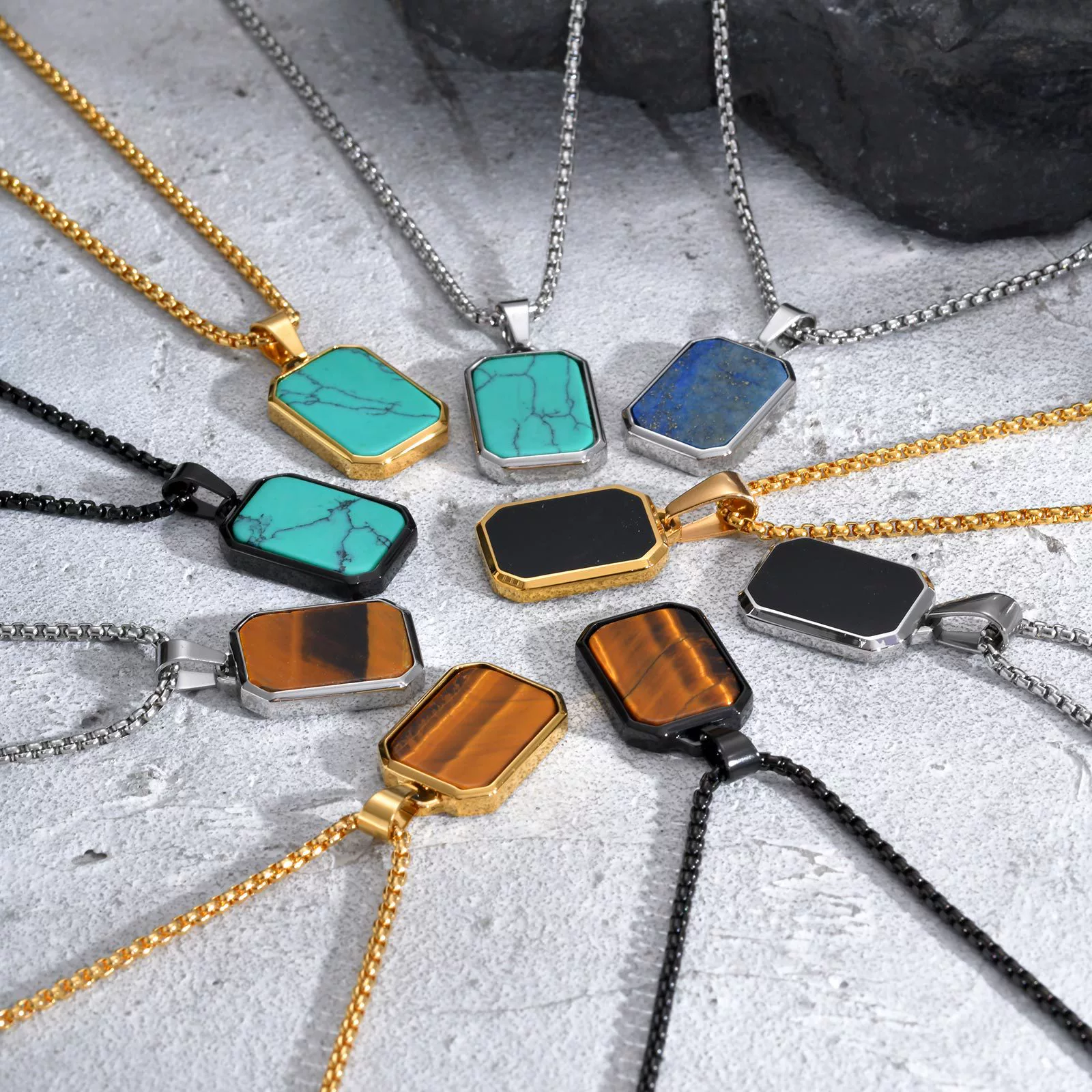 Wholesale Jewelry Stainless Steel Geometric Rectangular Turquoise Tiger Eye Lapis Pendant Necklace For Men Electroplated