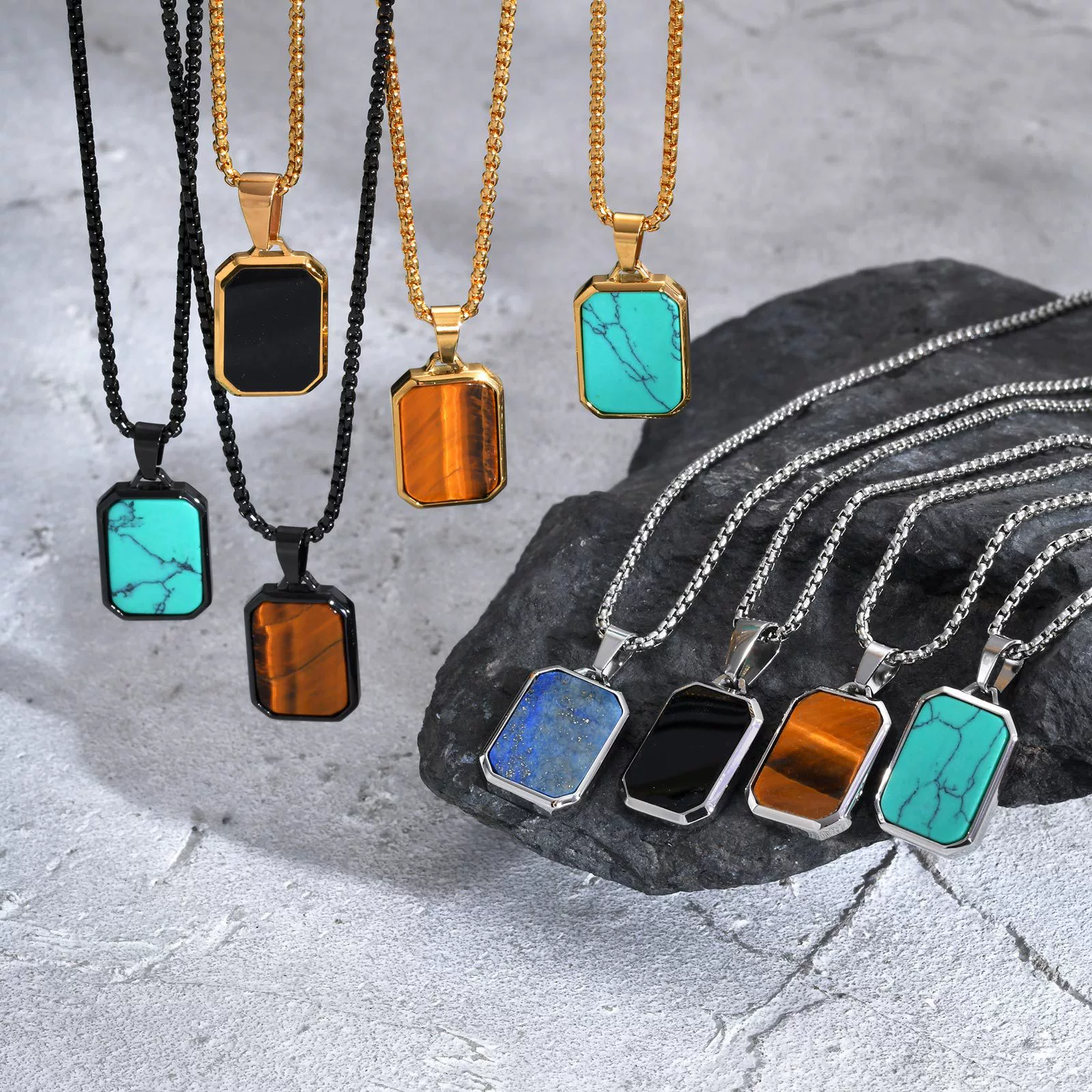 Wholesale Jewelry Stainless Steel Geometric Rectangular Turquoise Tiger Eye Lapis Pendant Necklace For Men Electroplated - Image 2