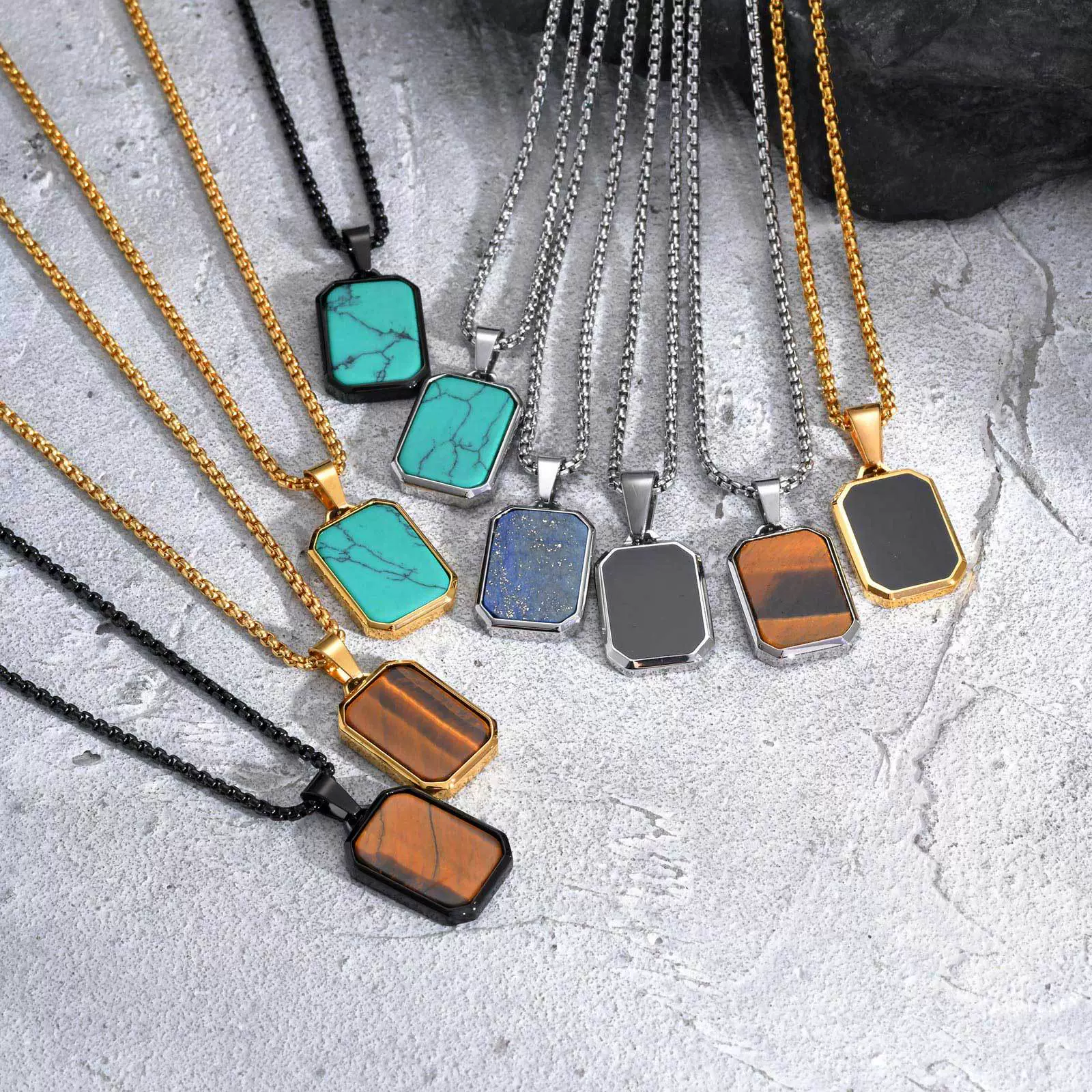 Wholesale Jewelry Stainless Steel Geometric Rectangular Turquoise Tiger Eye Lapis Pendant Necklace For Men Electroplated - Image 3