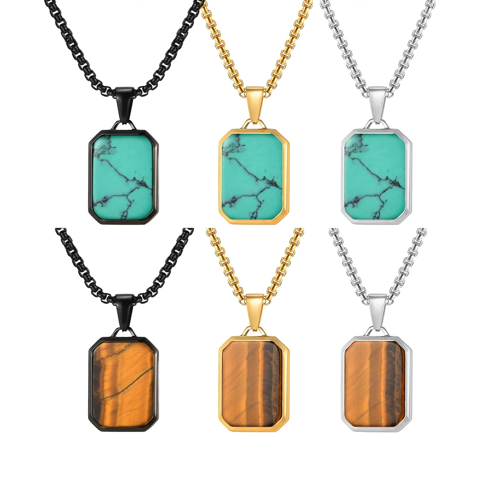 Wholesale Jewelry Stainless Steel Geometric Rectangular Turquoise Tiger Eye Lapis Pendant Necklace For Men Electroplated - Image 5