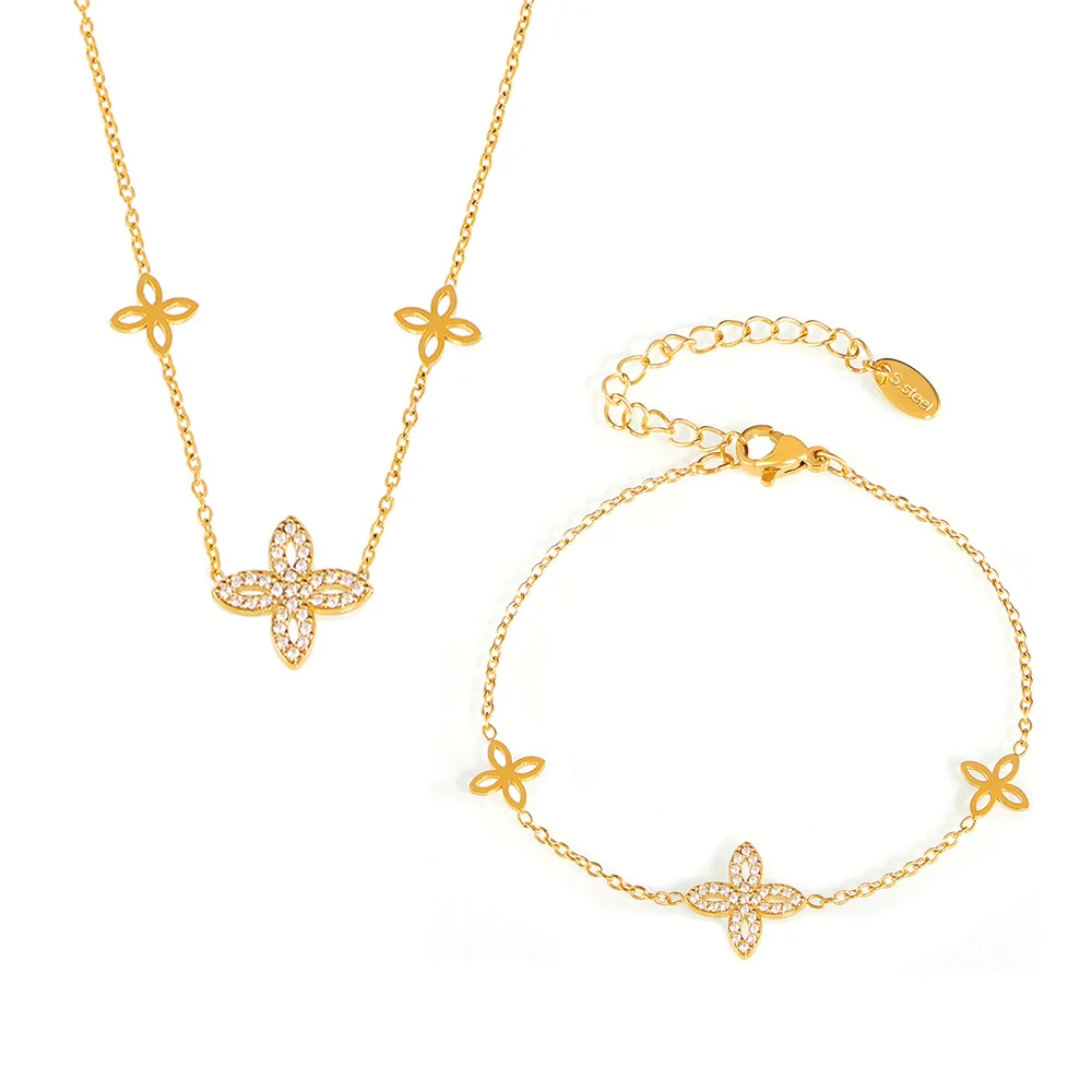 Wholesale Jewelry Stainless Steel Gold Plated Zircon Fourleaf Flower Doublelayer Necklace And Bracelet Set For Women - Image 5