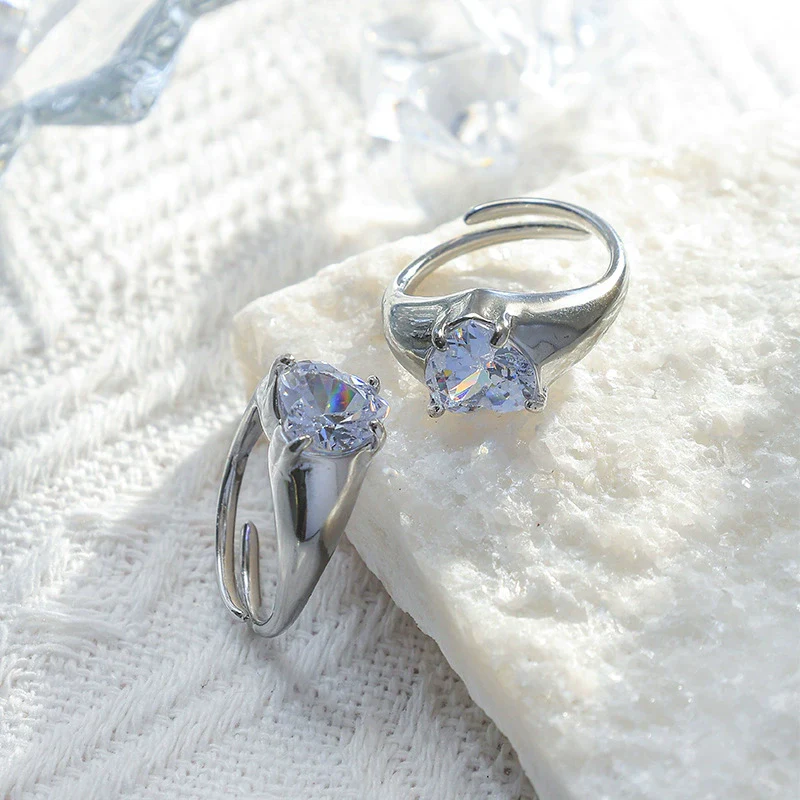 Wholesale Jewelry Stainless Steel Heart Shape Geometric Zircon Opening Ring For Women - Image 3