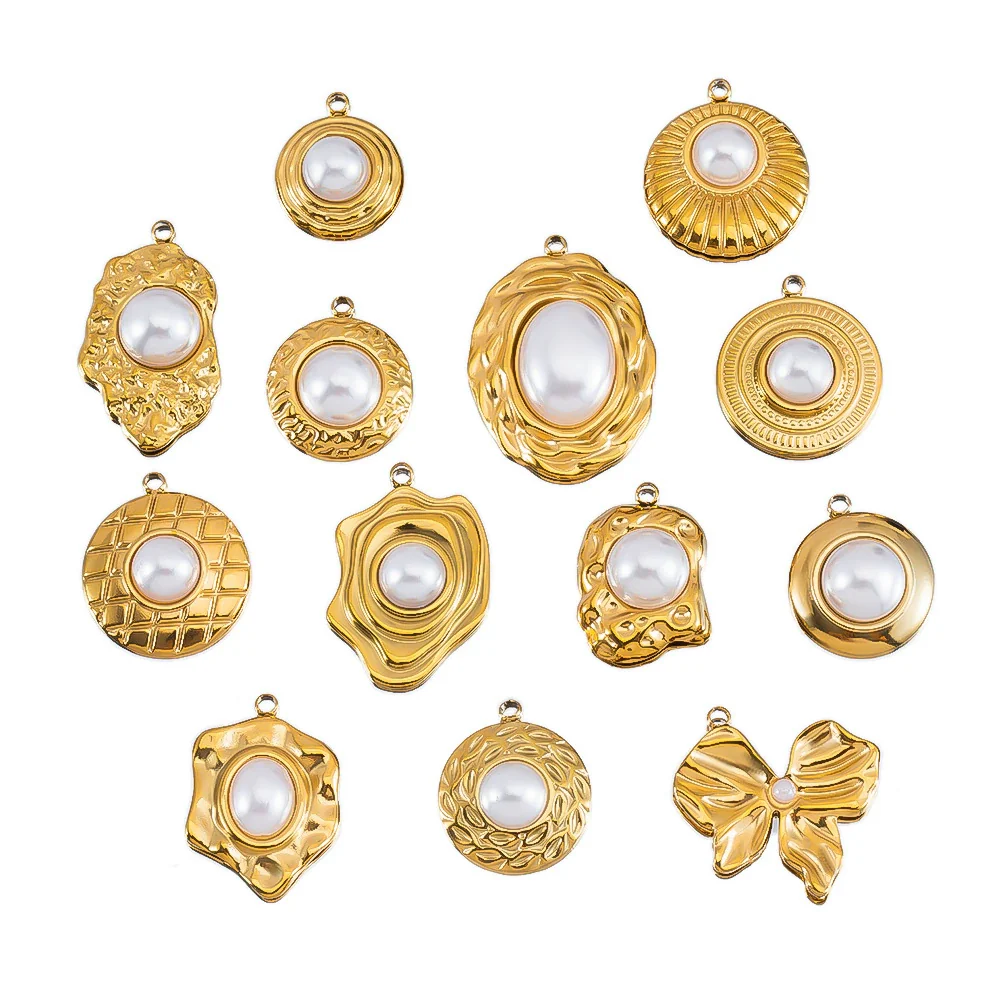 Wholesale Jewelry Stainless Steel Imitation Pearl Pendant With Round Irregular Bow Pattern Gold Plated Handmade Accessories - Image 5