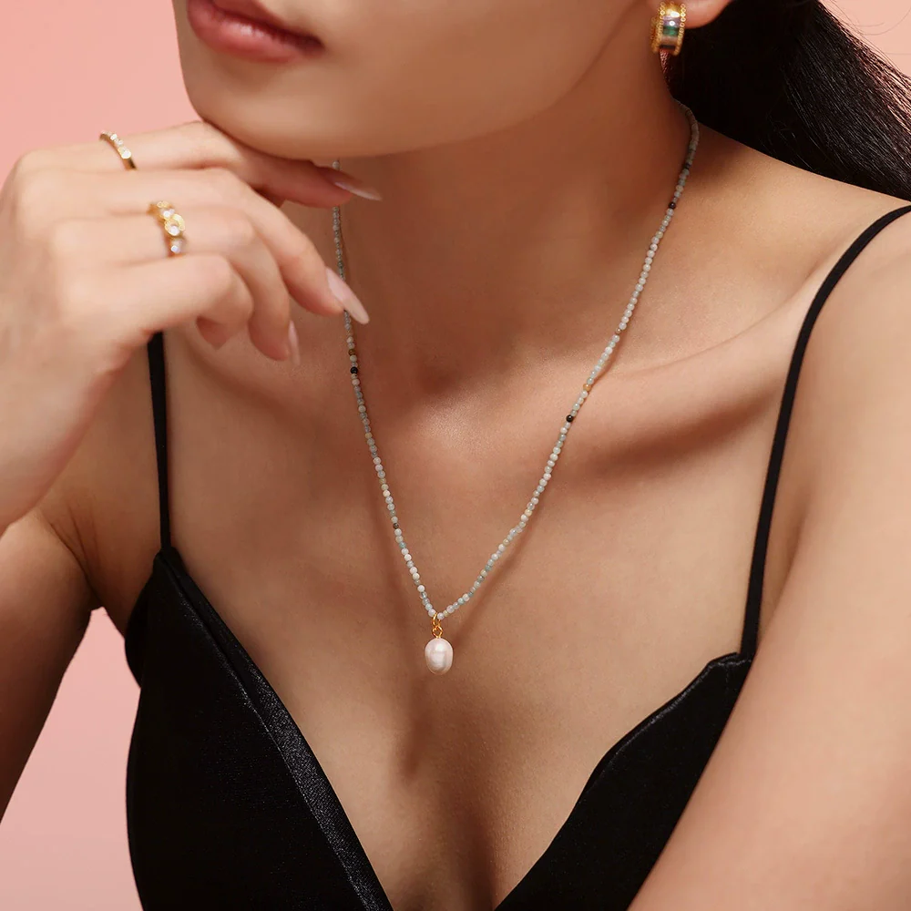 Wholesale Jewelry Stainless Steel Natural Stone Freshwater Pearl Geometric Pendant Collarbone Necklace For Women