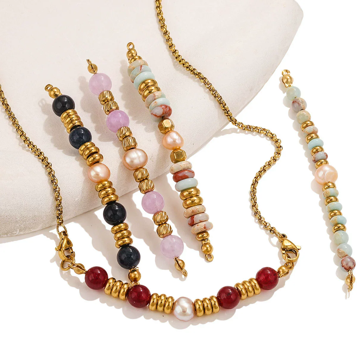 Wholesale Jewelry Stainless Steel Natural Stone Pearl Retro Double Hole Round Pendant With Electroplating And Vacuum Treatment