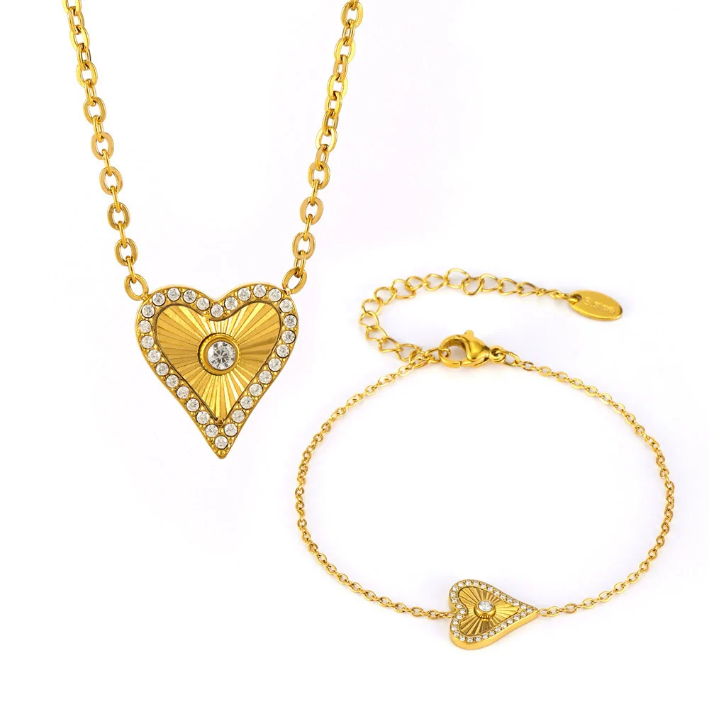 Wholesale Jewelry Stainless Steel Zircon Doublelayer Love Heart Electroplated Unisex Necklace Bracelet Suit - Image 4
