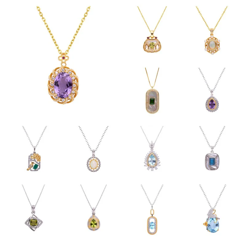 Wholesale Jewelry Sterling Silver Geometric Natural Gem Pendant Necklace For Women Set With Precious Stones