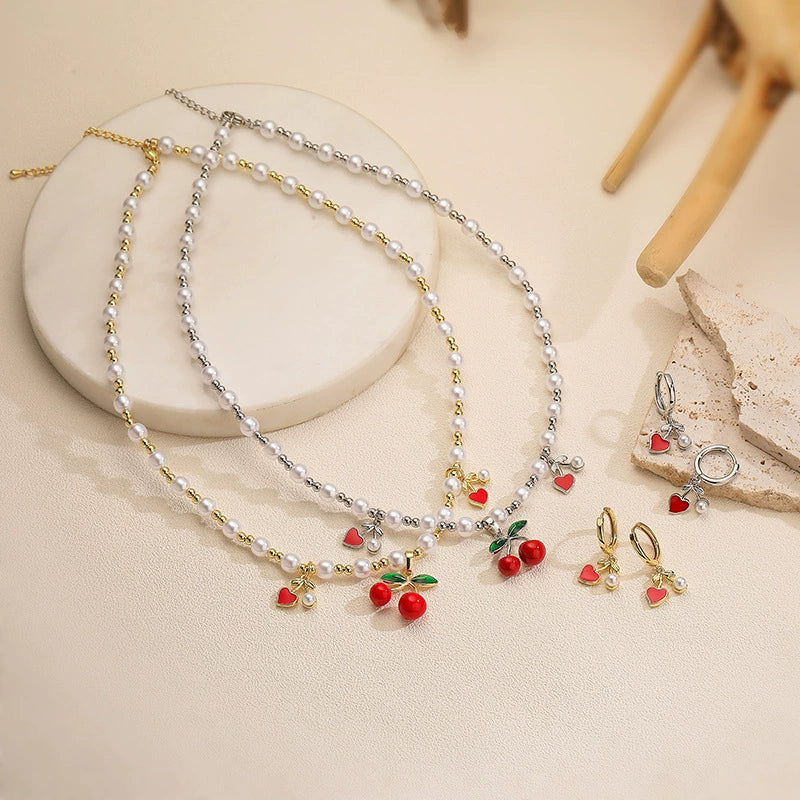 Wholesale Jewelry Sweet Fruit Style Copper Inlaid With Pearls Round Bead Earrings And Necklace